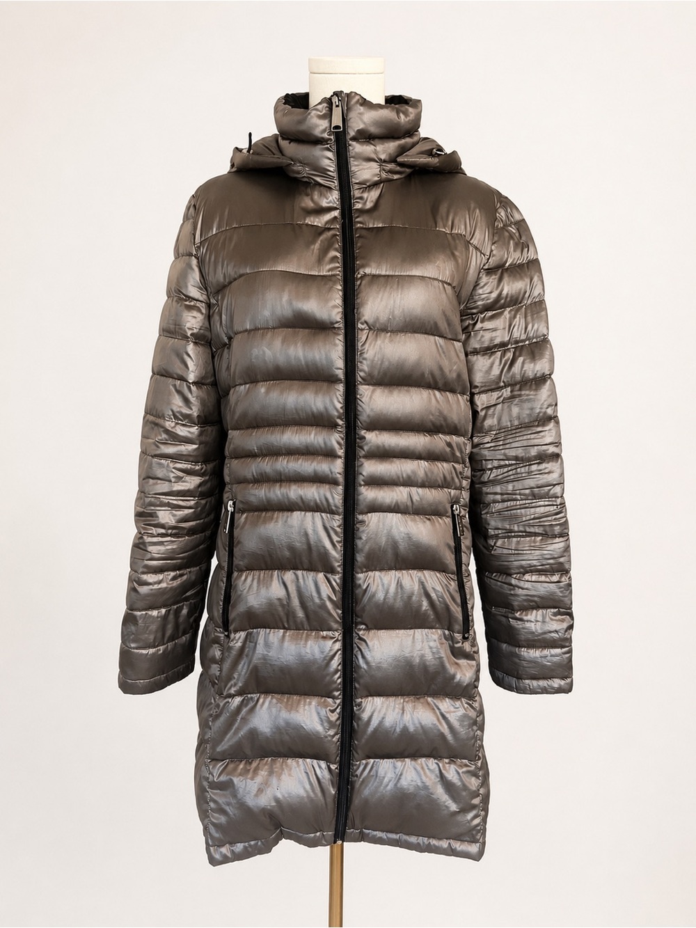 Andrew Marc Metallic Taupe Long Hooded Down Puffer Packable Coat Velvet Collar L